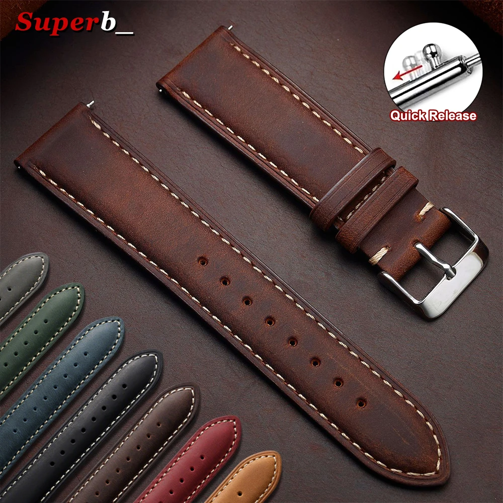 18mm 20mm 22mm Watchband Genuine Calfskin Watch Strap Replacement Belt Vintage Brown Strap Quick Release Bracelet for Men Women