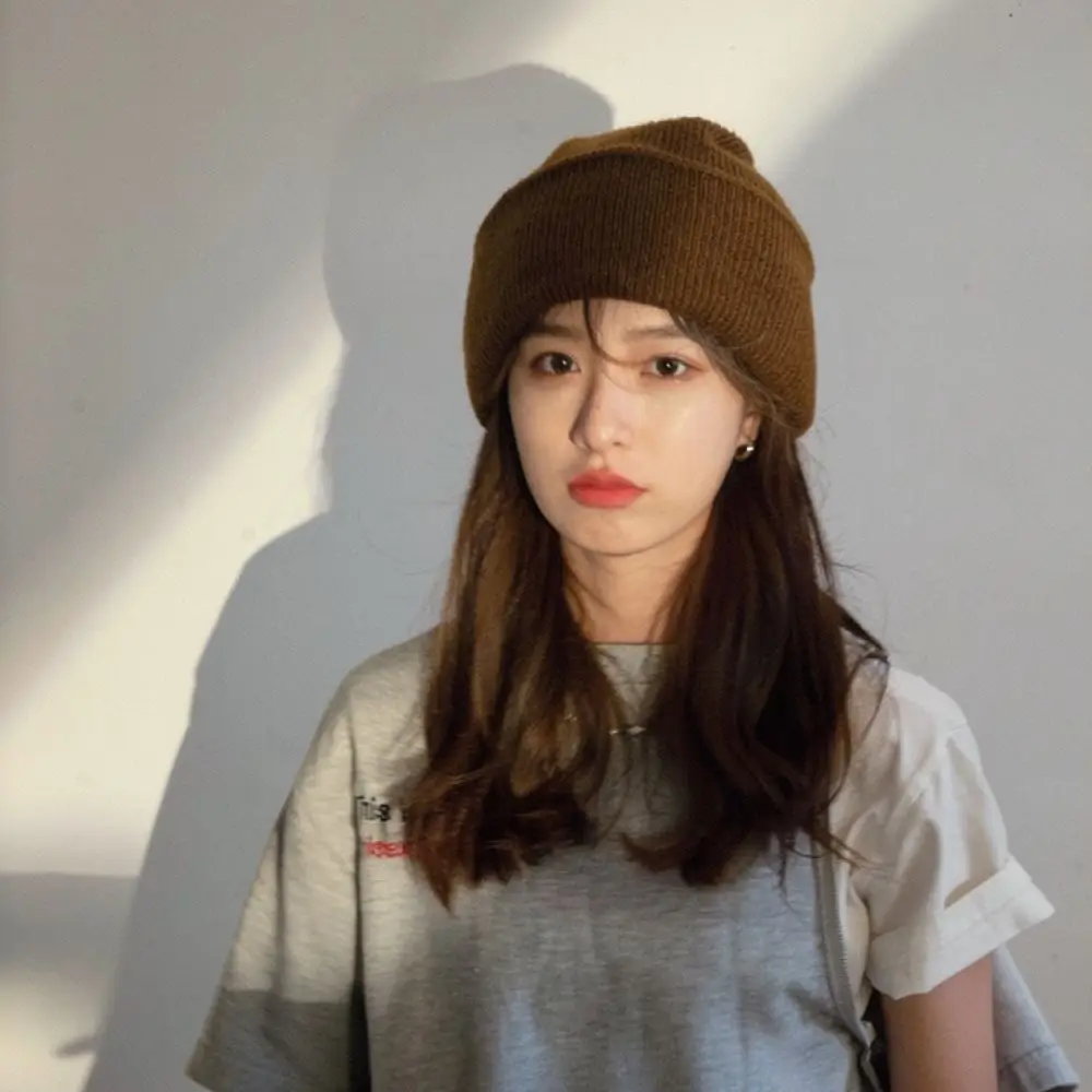 Autumn Winter Knit Beanie Hat Girls Solid Color Casual Cap Korean Style Soft Warm Streetwear Fashion Elastic Bonnet