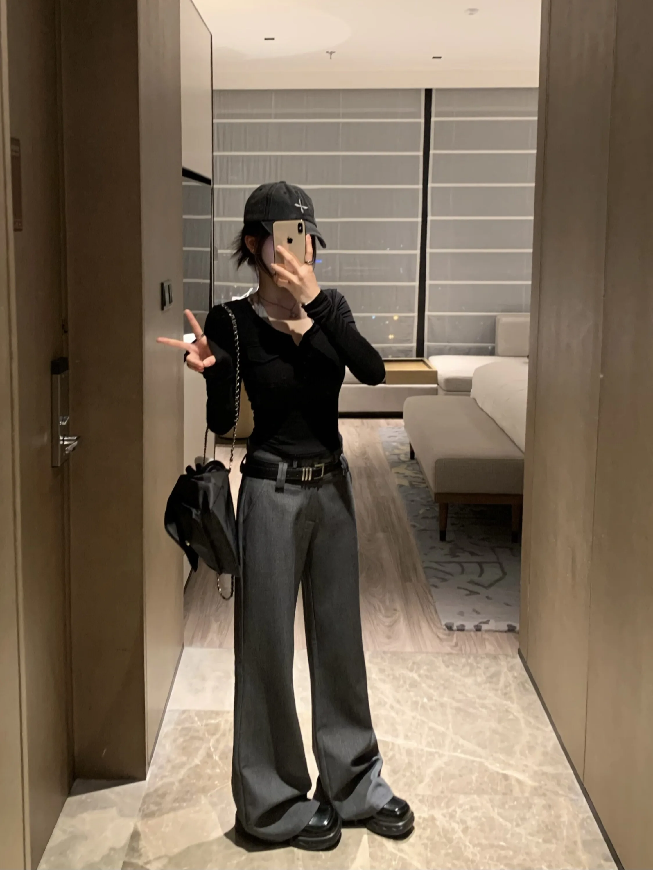 

Ay Американские облегающие брюки в стиле ретро для женщин, прямые длинные брюки с высокой талией, осенние брюки из полиэфирного волокна