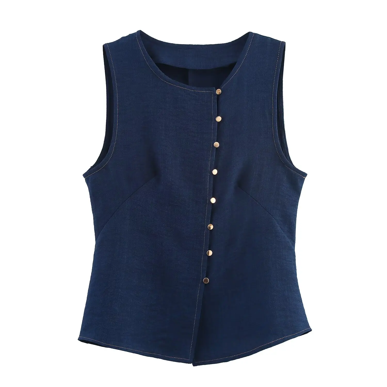 

2025 WOMA Fashion European and American Summer New Product Blended Double breasted Vest Unique Buckle Round Neck Tank Top Mujer