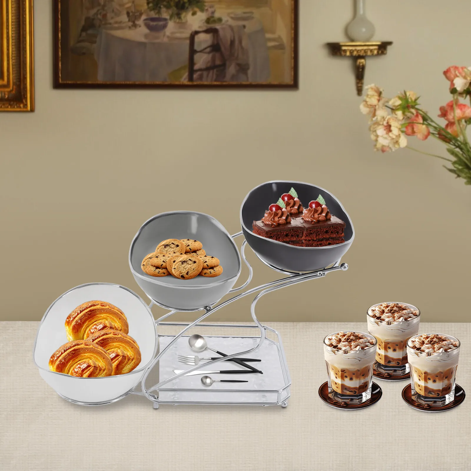 

Трехъярусная керамическая тарелка для фруктов и закусок, элегантное многоуровневое блюдо для десертов, для дома, кухни, вечеринок, декора