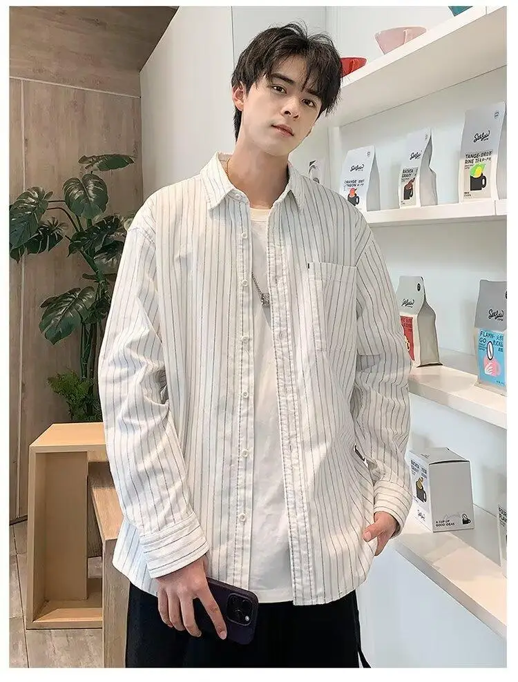Spring and summer Hong Kong style loose striped long-sleeved shirt men's 2024 large size versatile fashion casual jacket top