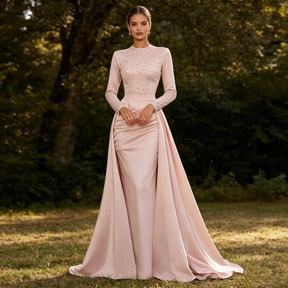 

Customized Exquisite Evening Dress Rhinestone Long Sleeves Classic High Quality Long Dresses Formal Party Dress for Wedding