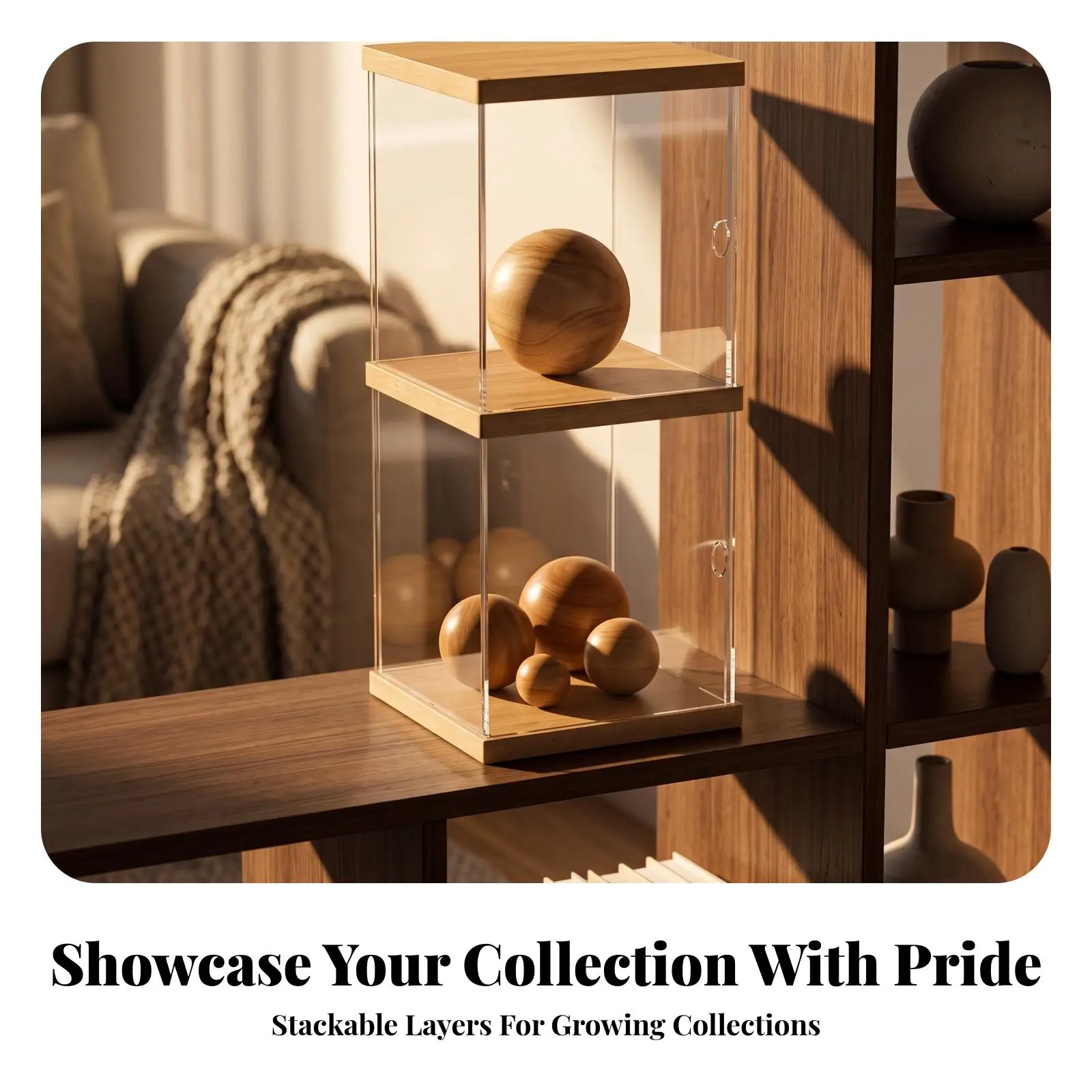 Tabletop Display Case Square Display Case with Wood Base Clear Transparent for Collectors, Desk, Shelf