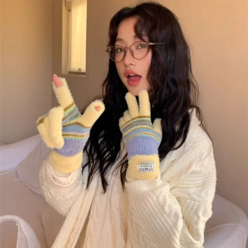 الكورية نمط قفازات مخططة ملونة Harajuku قوس قزح اللون أصابع كاملة القفازات لينة مريحة مخطط قفازات محبوكة في الهواء الطلق #3