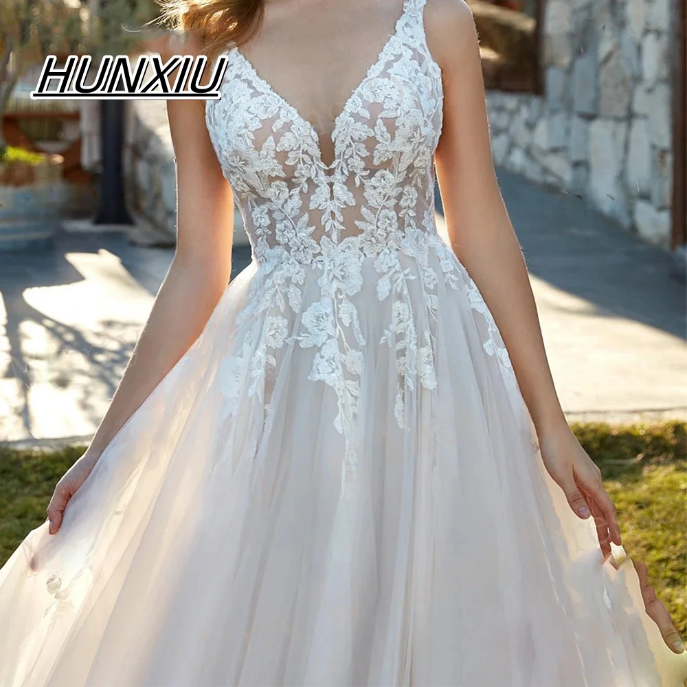 Personalizado requintado decote em v vestidos de casamento moderno uma linha apliques rendas sem mangas vestidos de noiva princesa tule até o chão