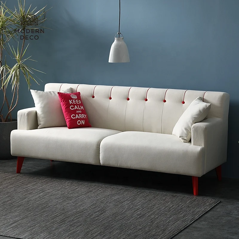 Modern Cream Beige Pull Button Sofa Couch Canape Soffa Tufted Back with Wooden Legs Armonia Furniture Living Rooms