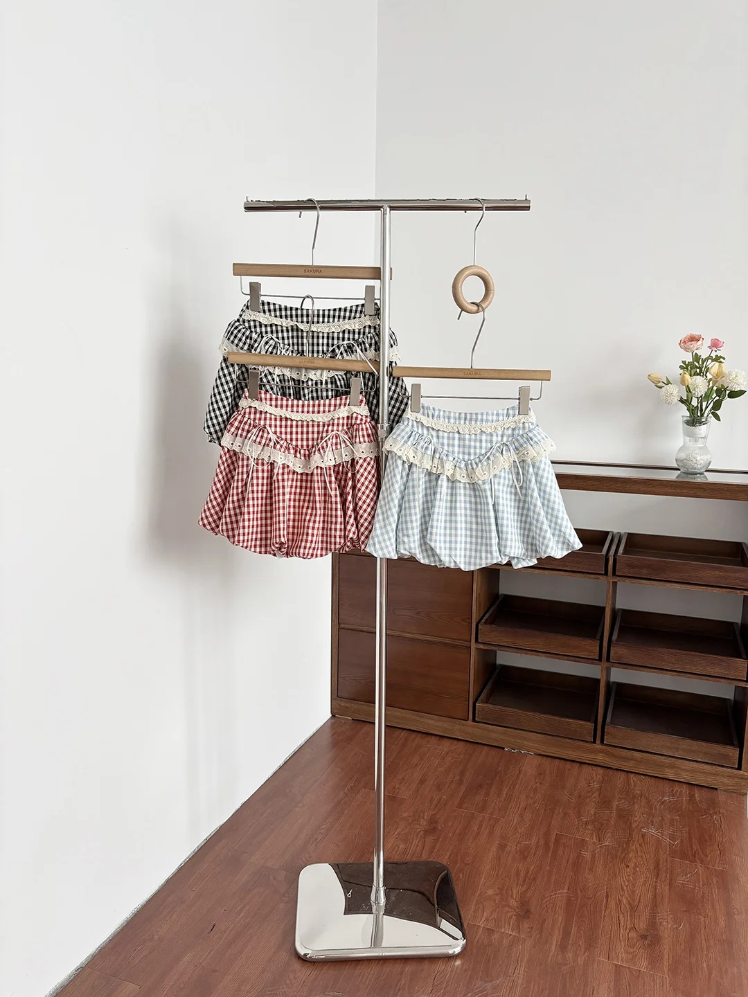 Korean Style Sweet Girl Spring Summer Plaid Bloom Short Skirt Women's Lace Splicing Puffy  Skirt High Waist Polyester Fiber