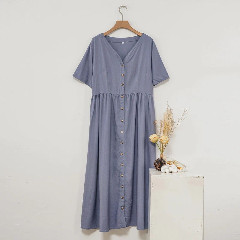 Summer Cotton Linen Women\'s Dress Sexy V-Neck Short Sleeve Button Up Maxi Chic Elegant Party Dress Long Sundress Vintage Clothes