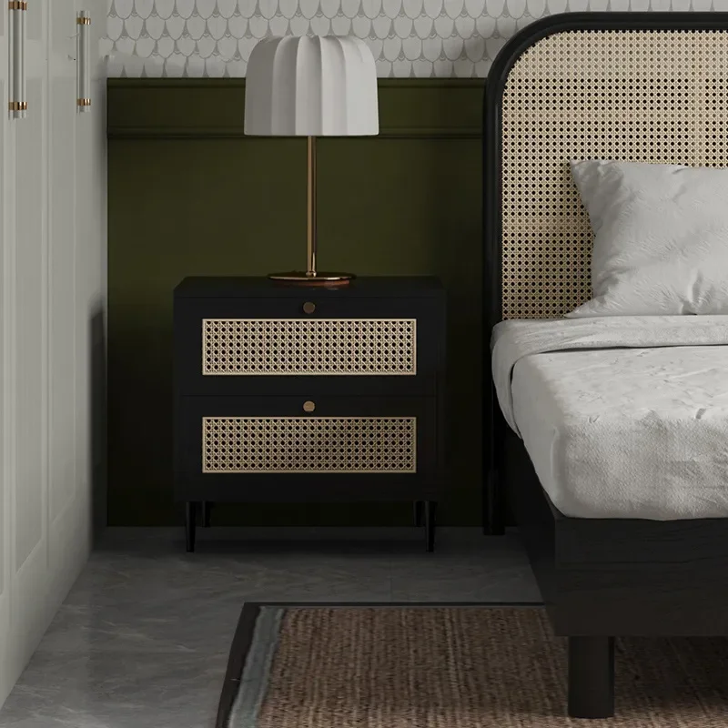 Nordic Solid Wood Rattan Nightstand Simple Bedroom Storage Side Table Small Apartment Living Room Sofa End Cabinet