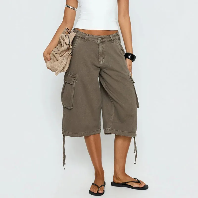 Summer Retro Camouflage Cargo Shorts for Women American Style Fashion Multi Pockets Knee Length Jeans Streetwear Loose Fit Short