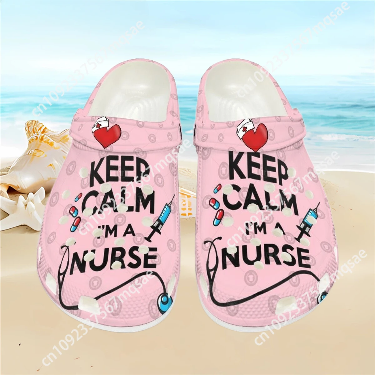 Keep Clam Nurse Design Garden Shoes Pink Print Nurse Clogs for Women Summer Breathable Non-Slip Slide Sandals Casual Slippers