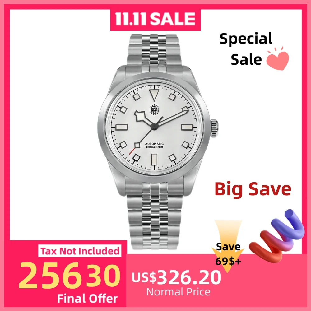 

San Martin 38mm Watch For Men 5-Link Bracelet PT5000/SW200 Mechanical Wristwatch Luxury BGW-9 Lume 100m Waterproof SN0107B