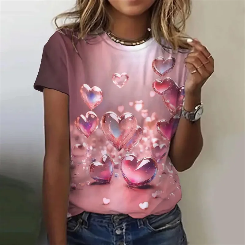 Love Heart Pattern T Shirt For Women Colorful 3D Printed Short Sleeves Tees Summer Casual Loose T-Shirts Streetwear O-Neck Tops