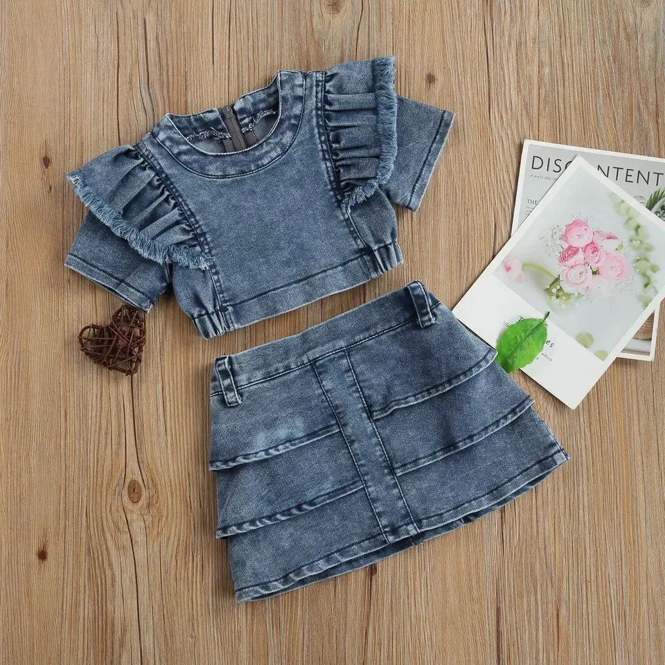 

2023 New Summer Toddler Girls 2 Piece Set Clothes Denim Tops+Tiered Skirts Sets Washed Blue Street Style Children Sets