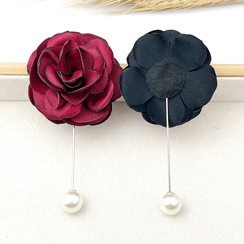 Korean Fashion Design Handmade Silk Flower Brooch Pearl Camellia Pins Woman Summer Daily Colthes Button Anti Slip Small Trinket