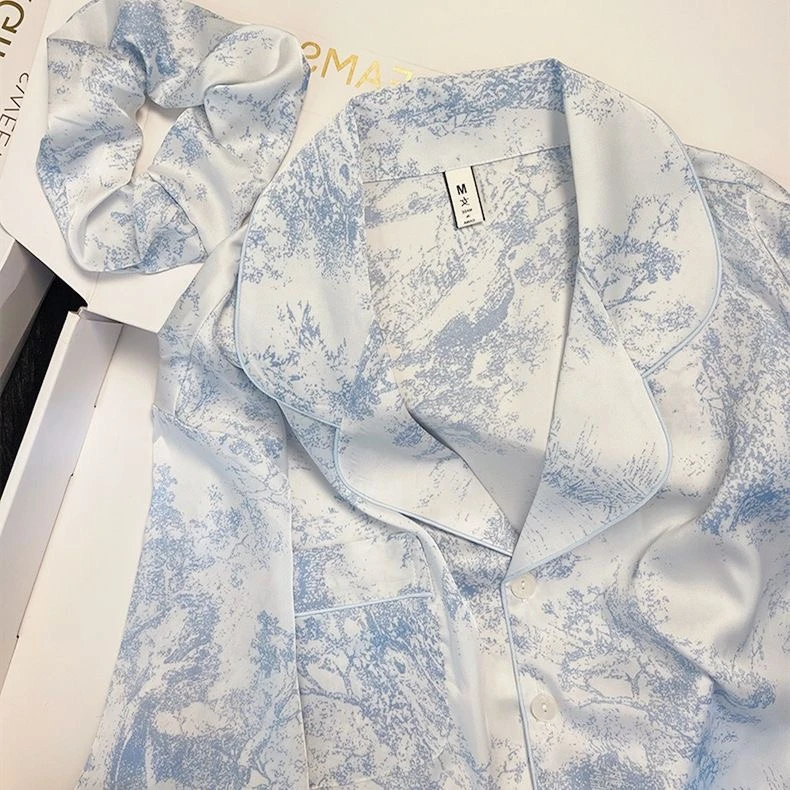 2024 Frühling neue Revers Knopf Strickjacke Lounge Sets Damen 2 Stück Eis Seide Pyjama für Frauen Mode Druck Nachtwäsche für Frauen – Detail 8