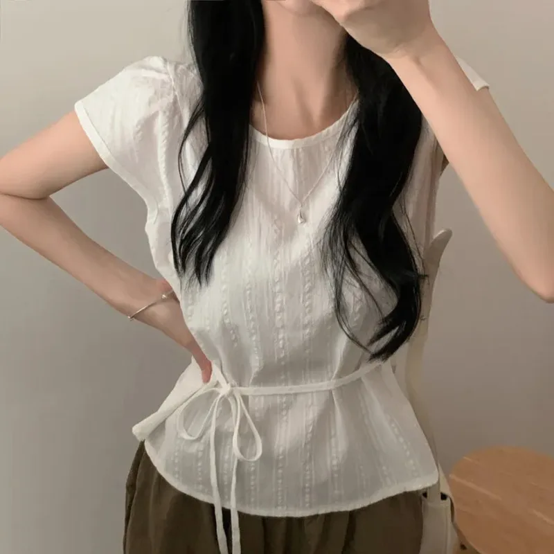 Koreaanse Chic Grid Tops & Tees Zomer Y2K Retro Niche Design Temperament Modieus Casual Ronde Hals Onesize Trekkoord Shirt Nieuw