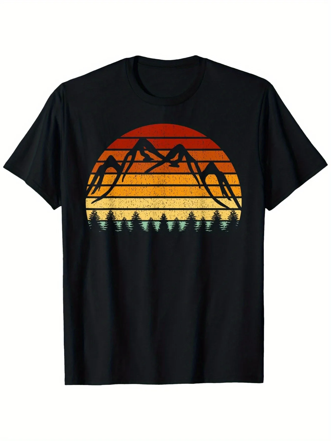 

Men's Retro Mountain Sunset Pattern T-Shirt Orange Gradient Round Neck Shirt