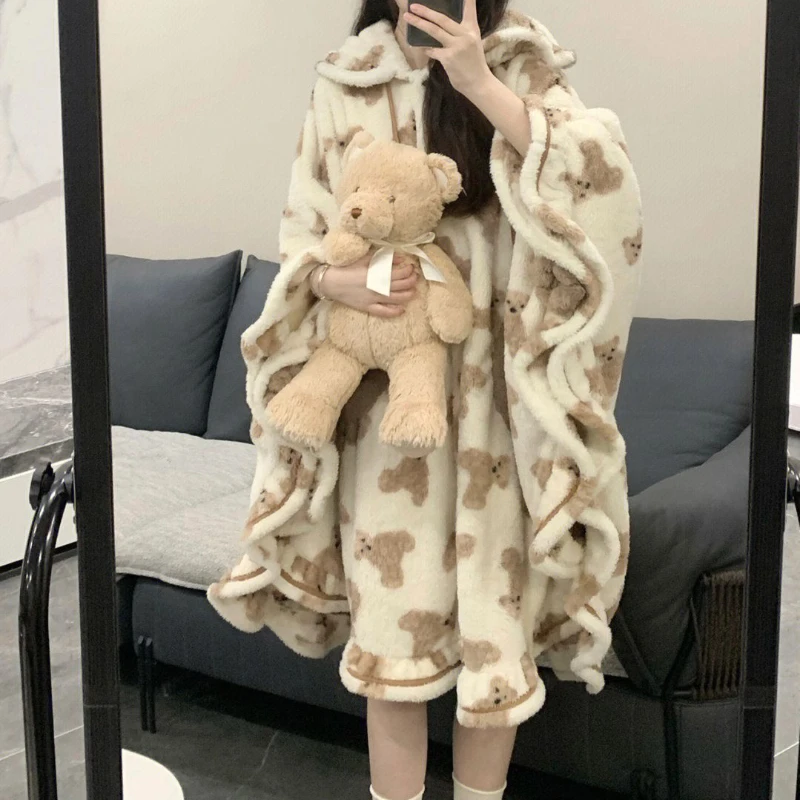 Girl Cute Bear Cape Coral Velvet Pajamas Women Winter Warm Thickened Soft Bathrobe Medium-length Robe Sleepwear Kawaii Homewear