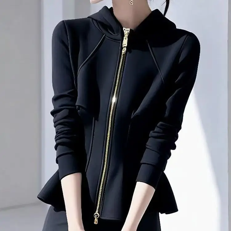 Cappotto con cappuccio con zip sportiva nera moda americana abbigliamento donna 2025 nuova giacca casual a vita sottile primavera autunno donna Harajuku