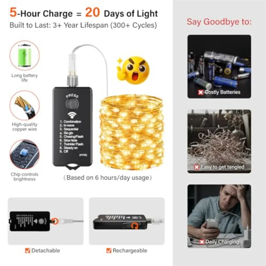 Rechargeable Fairy Lights with Remote 66ft 200 LED Outdoor Battery String Lights with DIY Timer and Light Sensor, Waterproof Di