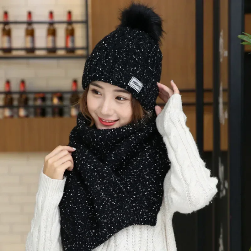 New Fur Pompom Woman Knitted Hat Scarf Winter Warm Children Hat & Scarf for Girls Boys Two Piece Set Warm Beanie Wholesale