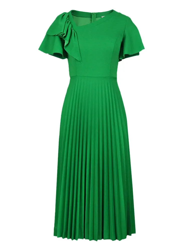 Elegant Women Dress Spring Summer New Fashion Ruffle Edge Short Sleeve Pleated Dress Party Vestido Midi Robe Femme Sexy Clothes