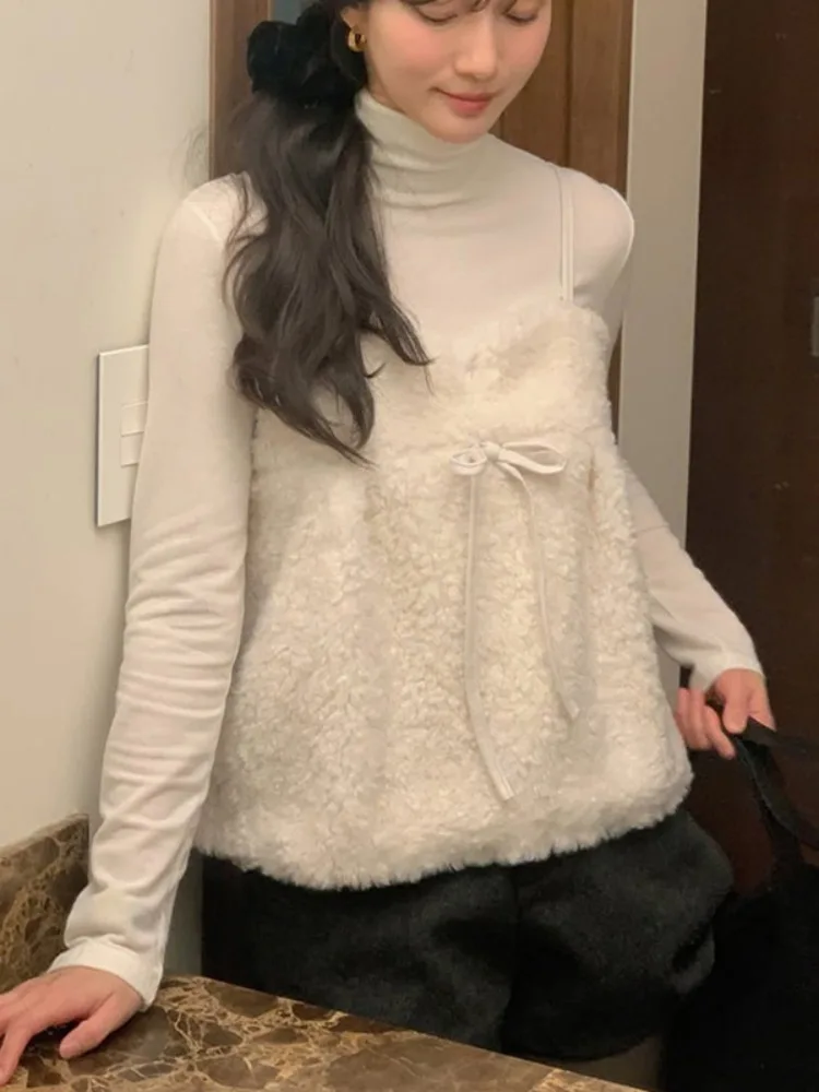 Lamsbontvest Strapl Knoop Damestop Herfst Winter Gelaagdheid Svel Koreaanse Sle Inner Wear Normale pasvorm