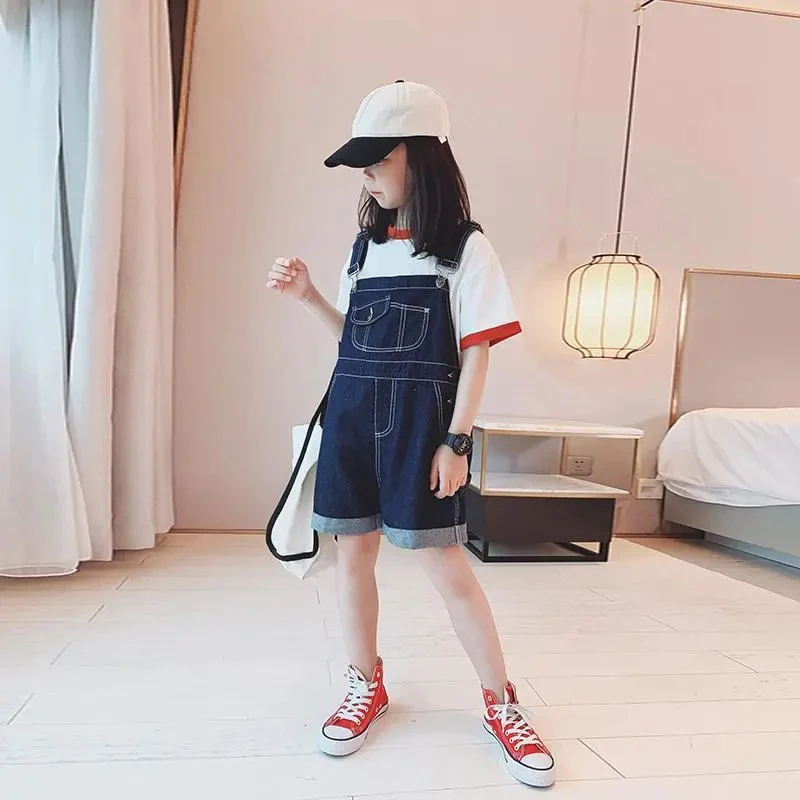 Summer New Girls\' Loose Denim Overalls Girls Age-reducing Overalls Shorts Middle Big Children Korean Style Foreign Flavor Shorts