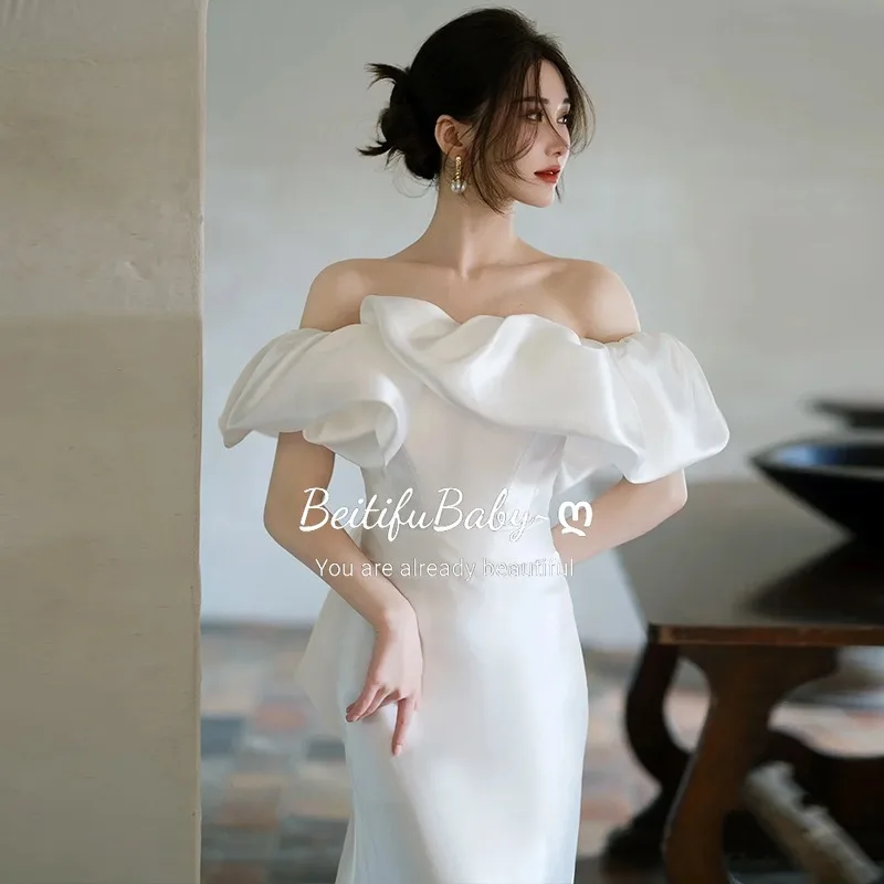 BeitifuBaby-Vestidos de novia blancos para mujer, ropa elegante con volantes, cuello sin hombros, faldas de sirena, 2024