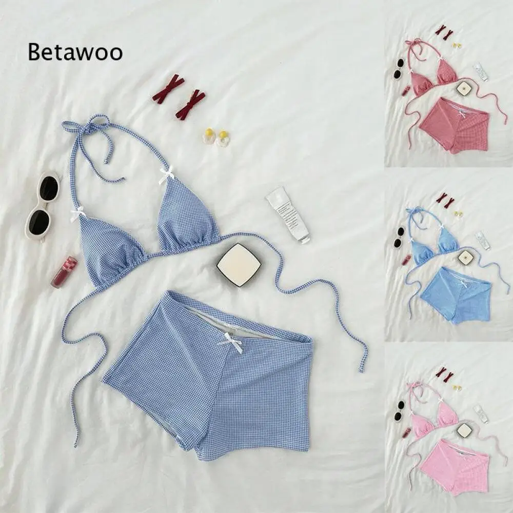 Classic Plaid Print Bow Embellished Halter Triangle Three Piece Swimwear
