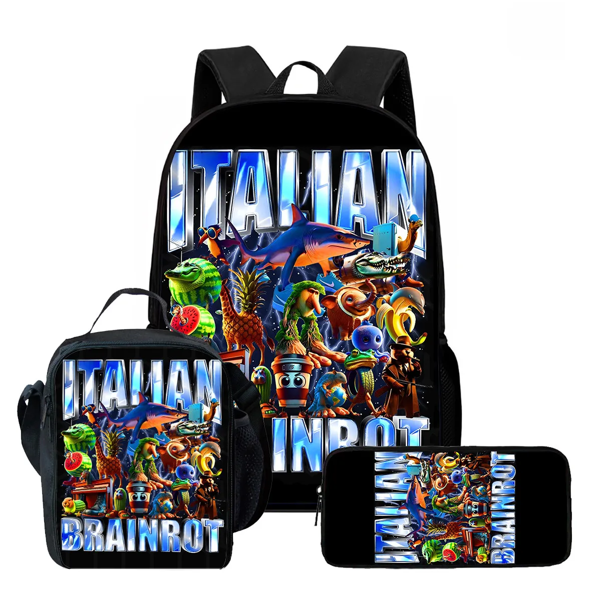 pcs set Brainrot Cartoon Child School Backpack with Lunch Bags ,Pencil Bags ,School Bags for Boys Girls Best Gift