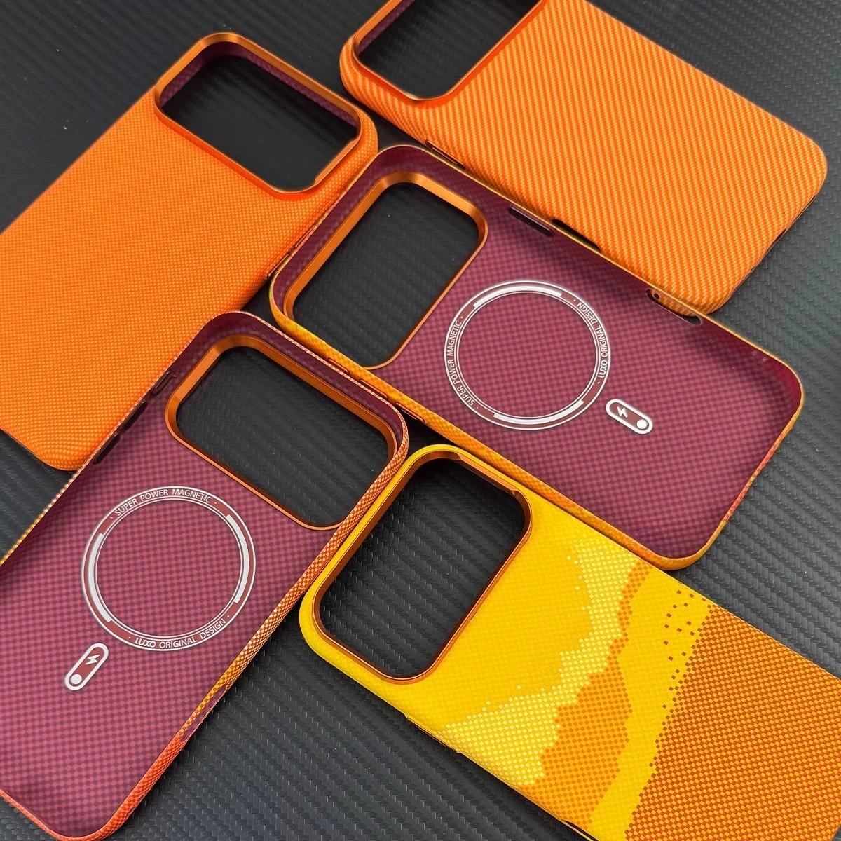 Vivid Orange Print Magnetic Phone Case for iPhone 17 Pro Max Carbon Color Hard PC Back Cover Camera Metal Frame Protection Shell