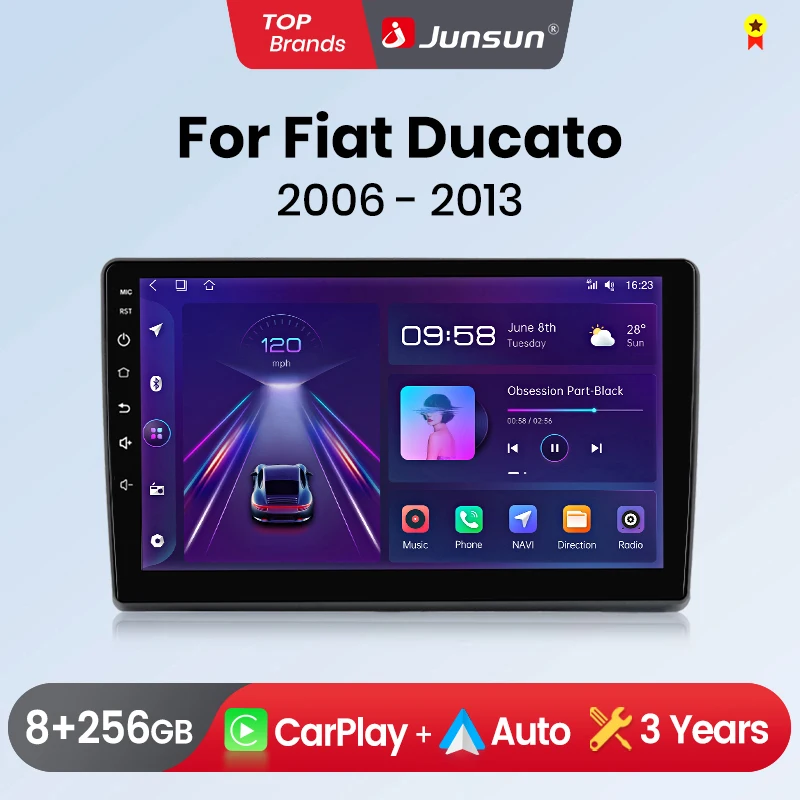 Junsun-Autoradio Android sans fil pour Fiat Ducato et KIT Boxer, CarPlay, Cristaux et Jumper 2, Limitation GPS, 2 Din, 2006 - 2015