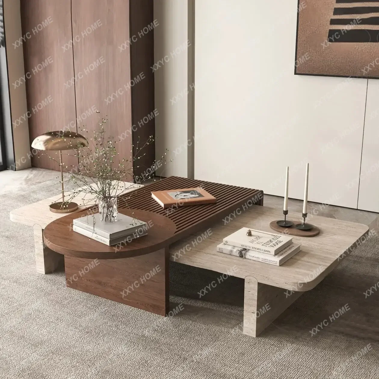 

Medieval Solid Wood Round Coffee Table Combination Chinese Hotel Lobby Coffee Table Furniture
