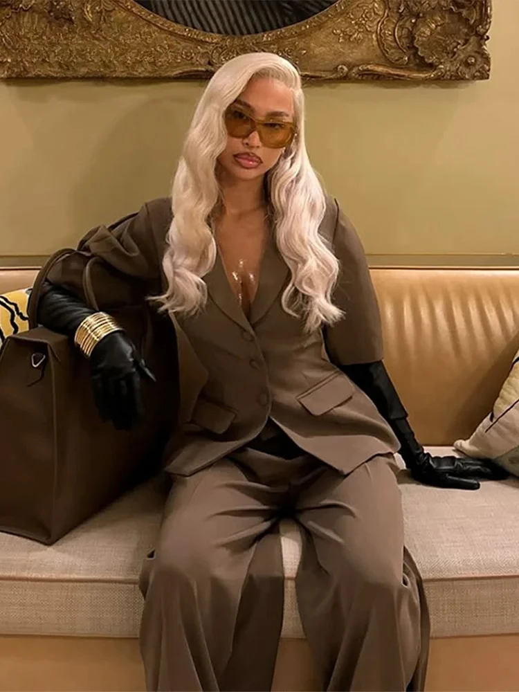 

Элегантный однотонный пиджак и брюки, женские подплечники, куртка на пуговицах с коротким рукавом, широкие брюки, осень 2024, женская уличная одежда