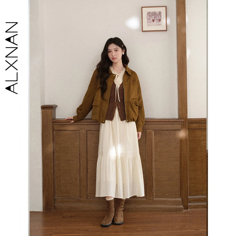 

ALXNAN Khaki Jacket Autumn Embroidered Lapel Collar Zipper Front Short Coats Casual Versatile Commuting Woman Outerwear L58118