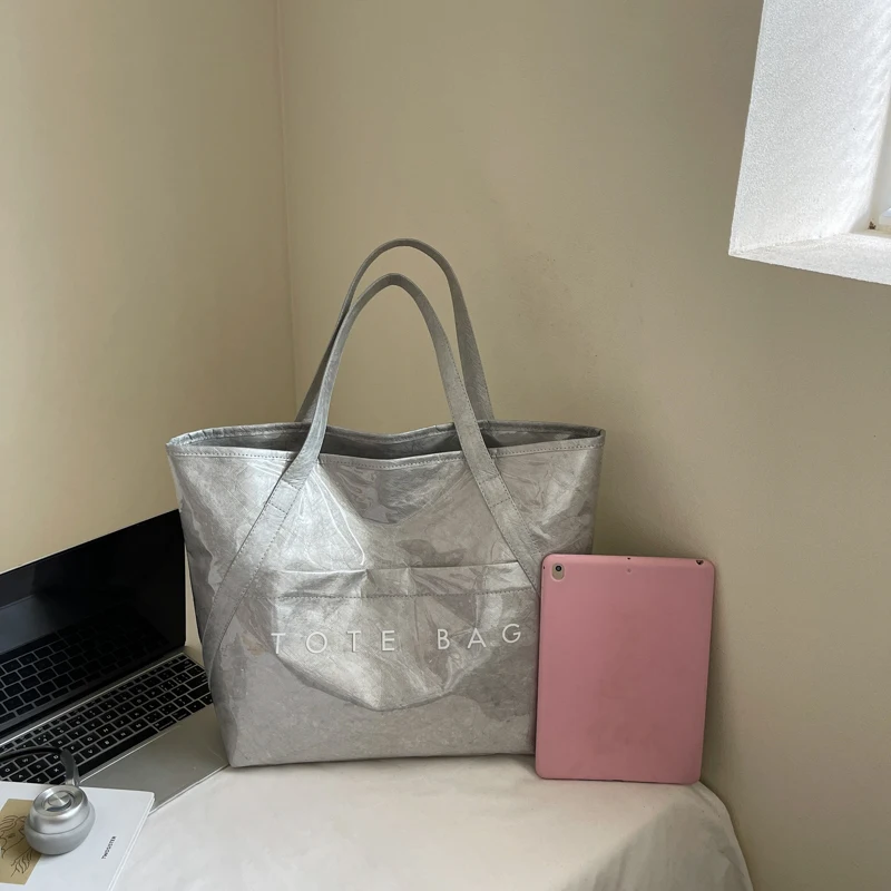 

Простая сумка из ПВХ, большая вместительная универсальная сумка на плечо, сумка через плечо из крафт-бумаги с буквенным принтом, сумка для покупок, работы, свидания, сумка-тоут