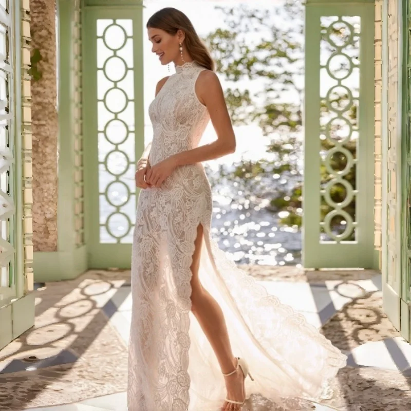 All Over Floral Lace High Neck Mermaid Wedding Dress Deep Slit Skirt Oval Open Back Bridal Gown Beach Wedding Customizable