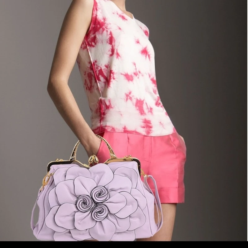 Women Fashion Colourful Big Flower Romantic Rose Metal Buckle Large Capacity Shoulder Bag Crossbody Bag Party Wedding Vacation
