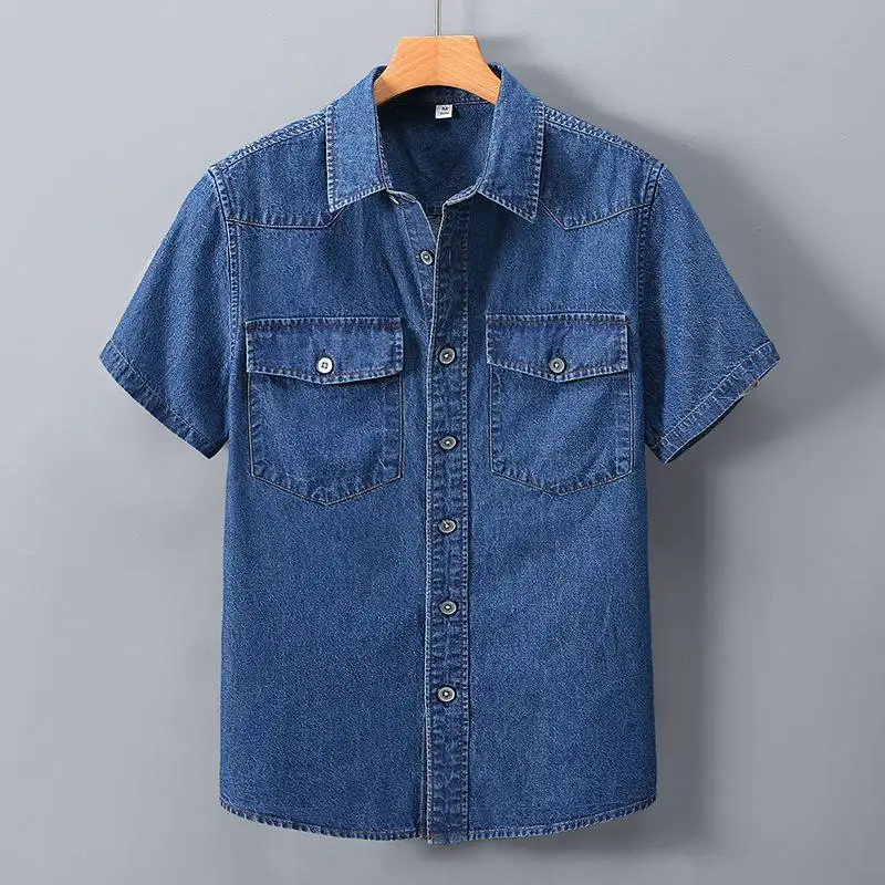 

Men's plus Size Thin Denim Shirt Half Sved Jacket Pocket Detail Casual Short Sleeve Uniform for Summer Fashion Inner Wear