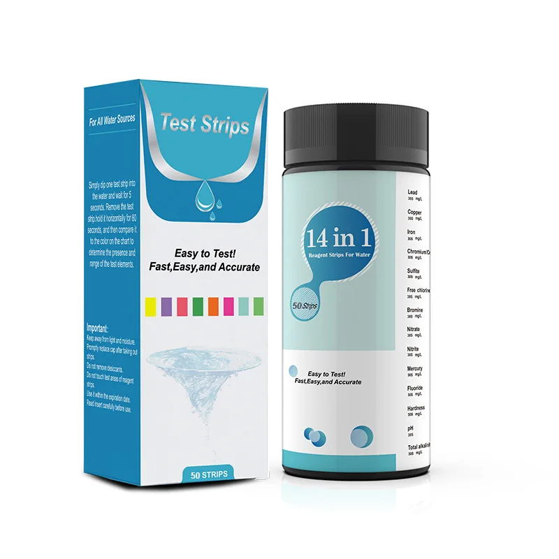 Tiras reactivas para análisis de agua 14 en 1 | Kit de Prueba Rápido y Preciso para la Calidad del Agua Potable de Grifo, Pozo, Piscina y Spa | 50/100 Tiras