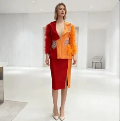 Customized Red And Orange Suits Prom Wear Two Pieces Skirt Jacket Special Occasion Wear For Women