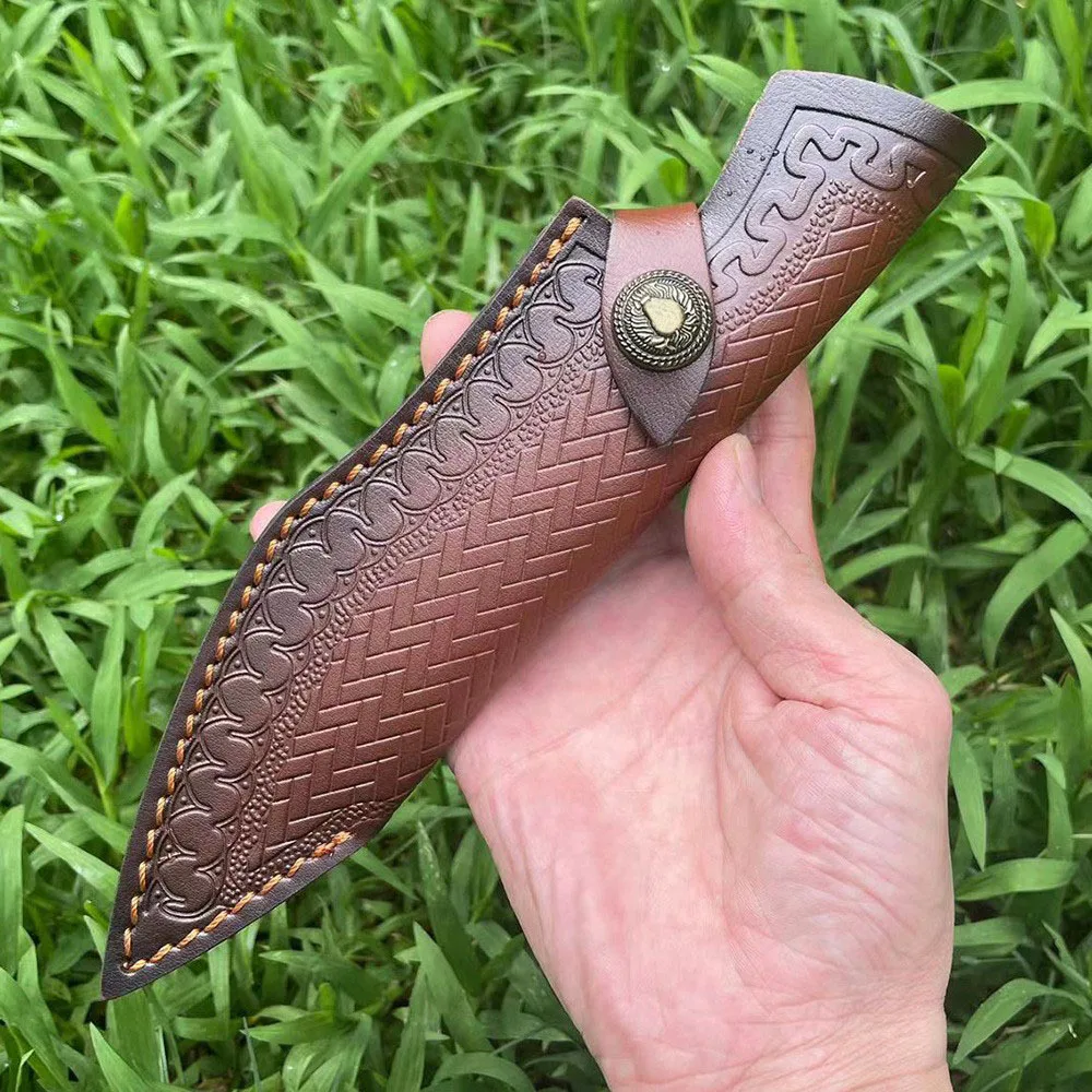 24cm Fixed Blade Knife Scabbard Embossed Cowhide Second Layer Leather Camping Knife Case Hunting Holsters with Belt Buckle