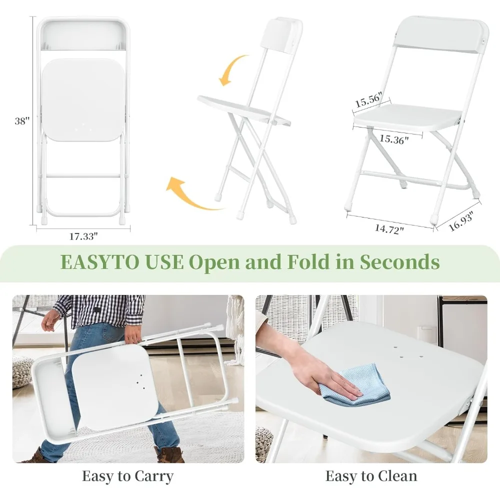 Folding Chairs 10 Pack, White Plastic Folding Chairs for Indoor Outdoor, Portable Stackable Commercial Seat with Steel Frame
