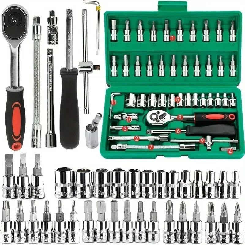

46pc Drive Socket Set 1/4 inch Ratchet Wrench Set with Sockets Metric Hex Bit Socket Set Mechanic Tool Kits for Hous Auto