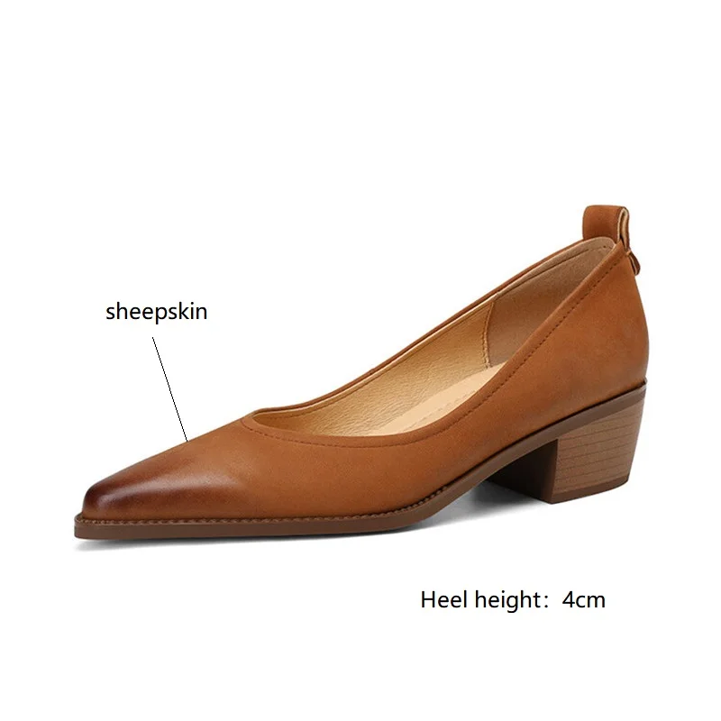 New Spring/summer Women Shoes Sheep Leather Women Pumps Pointed Toe Chunky Heel Loafers Genuine Leather Shoes for Women Handmade