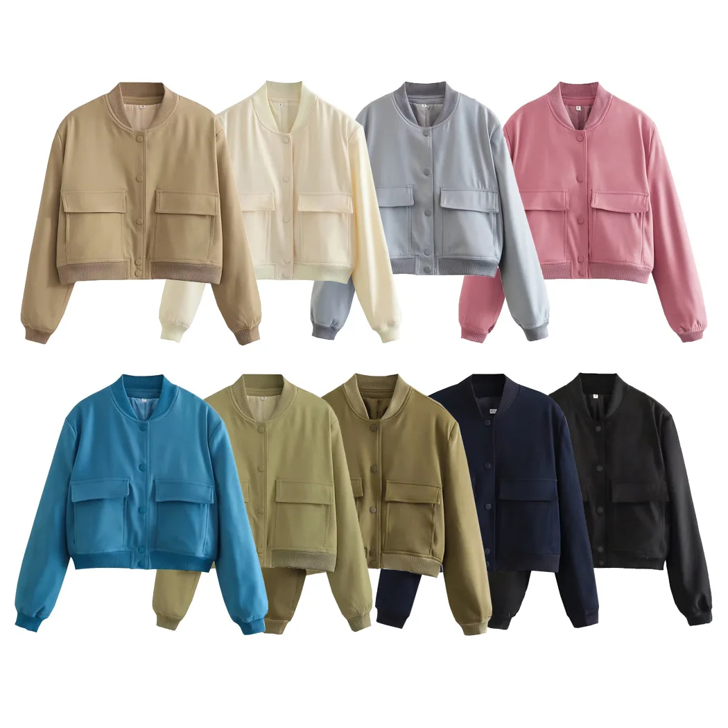 

KIDCRKJ 2026 Spring Autumn Women's Bomber Jacket Single-breasted Coats For Women Casual 2 Pocket Sweat Jacket Women's Tops