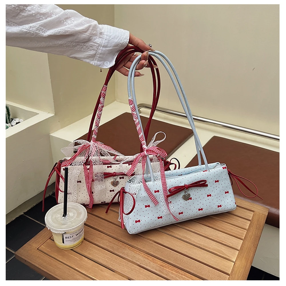 

French Bow Ribbon Shoulder Bag Y2K Sweet French Stick Underarm Bag Commuting Zipper Armpit Bag Girls Valentine's Day Gift
